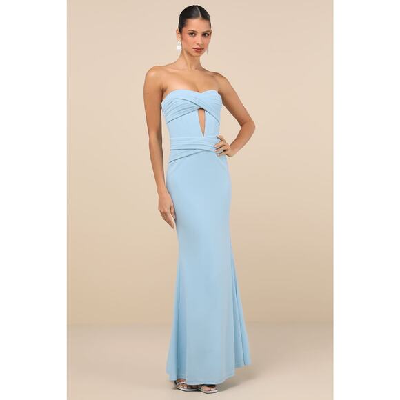 NWT Lulus Elegant Finesse Pleated Cutout Strapless Bodice Maxi Dress S  Blue - Picture 1 of 15